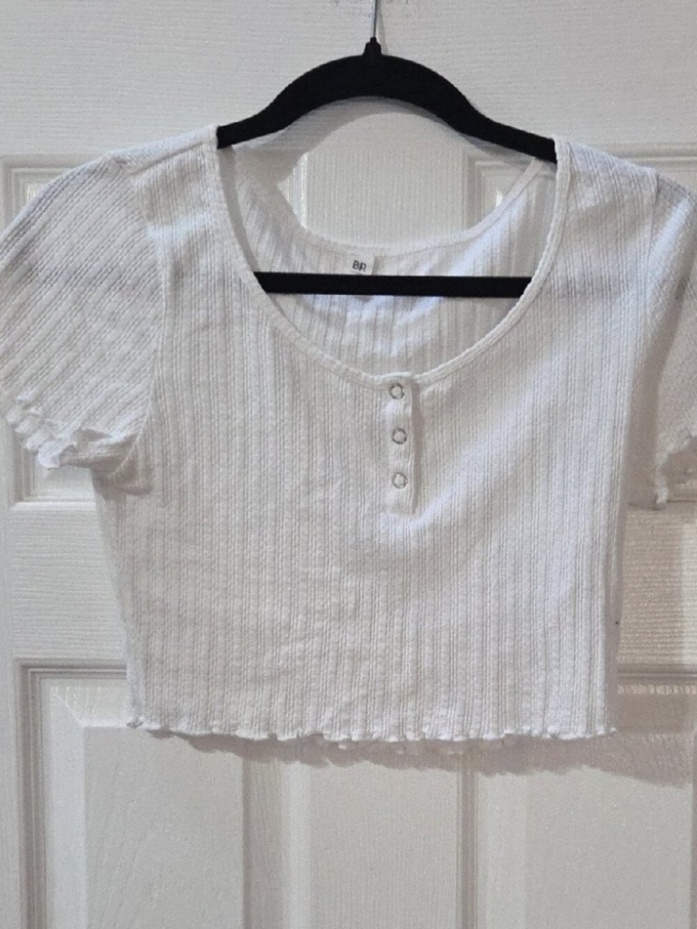 White Ribbed Henley Lettuce-Edge Crop Top